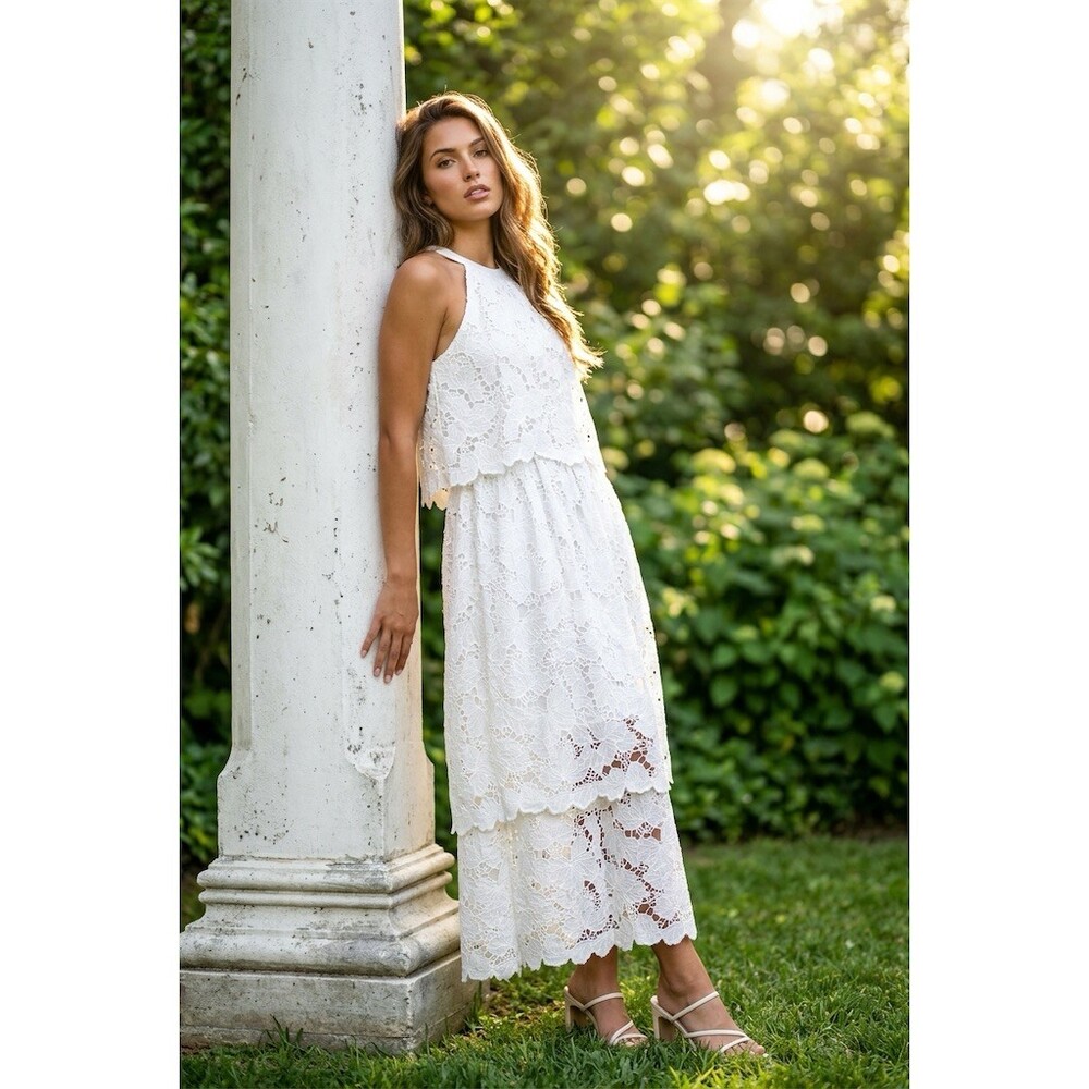 Just Me Dress Womens Size S Ivory Floral Lace Tiered Midi Halter Lined